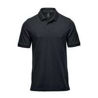 A black polo shirt with a collar and short sleeves, featuring a logo on the chest.