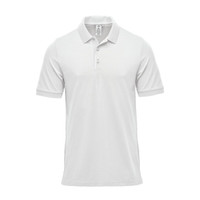 A white men's polo shirt featuring a collar, short sleeves, and a branded label.