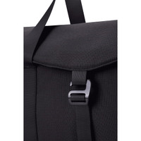 A black duffel bag with a textured finish and a clasp closure, featuring a strap for carrying.