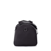 A black duffel bag with a wide opening, featuring a handle and shoulder strap attachments, and a loop on the front.