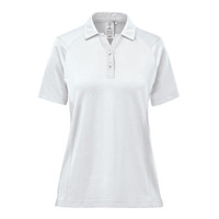 A women's polo shirt in soft white, featuring a collar and a placket with buttons. The shirt has a logo on it.
