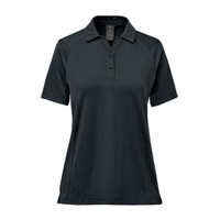 A women's polo shirt in a dark green colour, featuring a collar and short sleeves. The shirt includes a small logo.