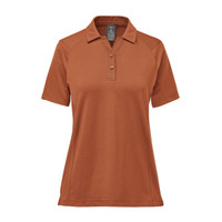 A women's polo shirt in a warm brown colour, featuring a collar and short sleeves. The shirt has a logo.