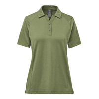 A women's polo shirt in olive green with short sleeves and a collar. It features a logo on the chest.