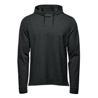 A dark grey pullover hoody with a hood and drawstrings, featuring long sleeves and a simple design.