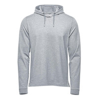 A light grey men's pullover hoody with a hood and long sleeves. The garment features a logo.