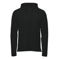 A black pullover hoody with a drawstring hood and long sleeves, featuring a logo on the front.