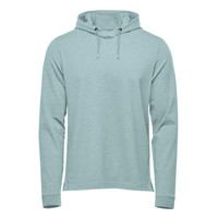 A light blue pullover hoody with a front pocket and a drawstring adjustable hood. It features a logo.