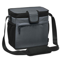 A cooler bag in grey with a secure flap, adjustable shoulder strap, and mesh side pockets. Features a logo.