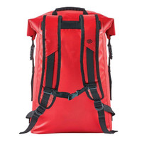 Red waterproof backpack with black straps designed for hiking and travel.