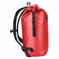 Red waterproof backpack with black straps and buckle design.