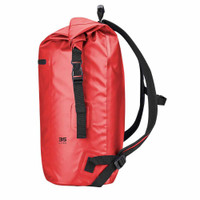 Red waterproof backpack with black straps, 35-liter capacity.