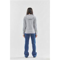 A grey women's pullover hoody with a hood, viewed from the back, paired with blue jeans.