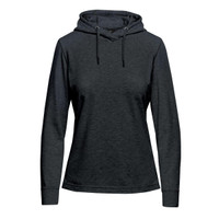 A dark grey women's pullover hoody with a front pocket and drawstring hood. Features a logo.