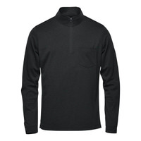 A black 1/4 zip pullover jumper for men featuring a chest pocket and a logo.