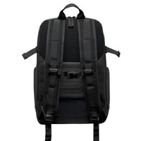 Black backpack with padded shoulder straps and ergonomic back panel.