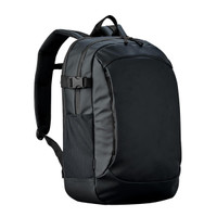 Sleek black backpack with padded straps and multiple compartments.