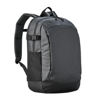 Sleek black backpack with multiple compartments and adjustable straps for travel or work.