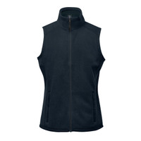 A women's fleece vest in dark navy, featuring a zip front and two side pockets, with a logo on the chest.