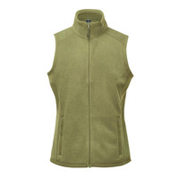 A green women's fleece vest featuring a zip front and side pockets, with a high neck design.