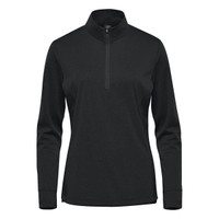 A black women's pullover with a 1/4 zip and long sleeves, featuring a subtle logo.