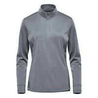 A women's 1/4 zip pullover in a grey shade, featuring long sleeves and a zippered collar. It has a logo.