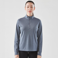 A women's 1/4 zip pullover in blue, featuring long sleeves and a high collar, with visible branding.