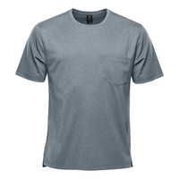 A grey short sleeve performance tee featuring a pocket and a logo on the label.