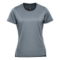 A grey women's short sleeve performance tee with a fitted design and a logo on the front.