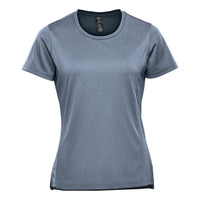 A women's short sleeve tee in a light blue-grey colour featuring a logo.