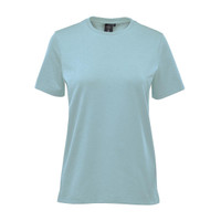 A light blue women's t-shirt with short sleeves and a tag, featuring a logo on the label.