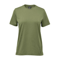 A women's T-shirt in olive green with a classic crew neckline and short sleeves, featuring a logo.