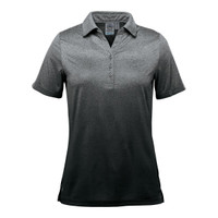 A women's polo shirt in gradient shades of grey, featuring a collar, short sleeves, and a logo.