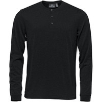 A black long-sleeve Henley shirt featuring a three-button placket and a subtle logo.