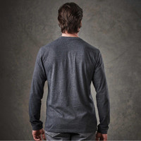 A long-sleeve henley shirt in dark grey, featuring a simple design and a logo on the back.