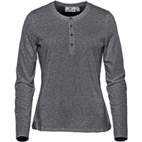 A long-sleeve henley shirt in a dark grey colour with a buttoned placket and a subtle logo.