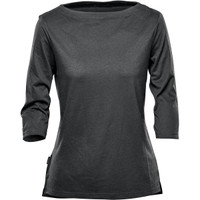 A women's 3/4 sleeve t-shirt in dark grey, featuring a simple design and a branding logo.