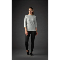 A grey women's 3/4 sleeve tee paired with black leggings, featuring a subtle logo.