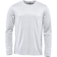 A light grey long-sleeve t-shirt with a round neckline and a logo on the label.