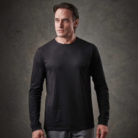 A black long-sleeve T-shirt displayed on a model, featuring a fitted design and a round neckline.