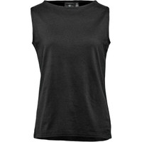 A women's sleeveless tank top in black, featuring a simple design and a logo on the label.