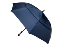 A navy blue RPET golf umbrella with a black handle and an emblem on the canopy.