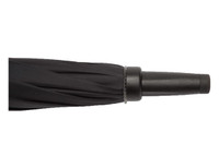 A black RPET golf umbrella with a solid handle and a sleek, folded design. It features branding on the handle.
