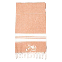 A 100% cotton Turkish towel in a warm orange hue with white stripes and frayed edges, featuring a logo.