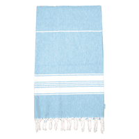 A light blue cotton Turkish towel with white stripes and fringed edges, featuring a logo.