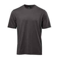 A grey men's t-shirt with short sleeves, featuring a logo on the design.