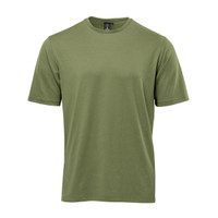 A men's short-sleeve t-shirt in olive green with a plain design and a logo on the label.
