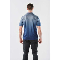 A men's polo shirt featuring a gradient design from light blue to navy, with a logo on the back.
