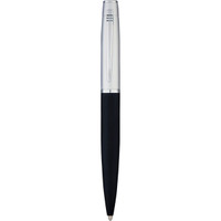A metal ballpoint pen with a silver finish and a black grip, featuring a logo on the body.