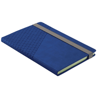 A blue Geo Notebook featuring a textured design, secured with a grey elastic band, with a light green interior.